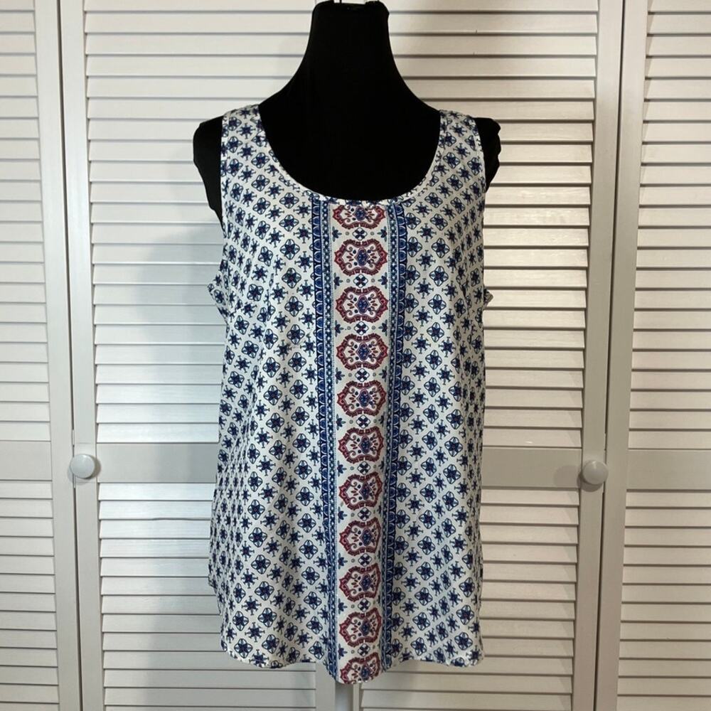 Time and Tru Boho Retro Blue Hippie Geometric Mosaic Print Relaxed Tank Top L